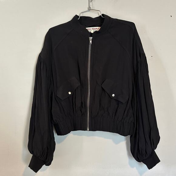 FREE PEOPLE On Pointe Bomber Jacket Lightweight Puff Balloon Sleeve Black - Picture 3 of 11